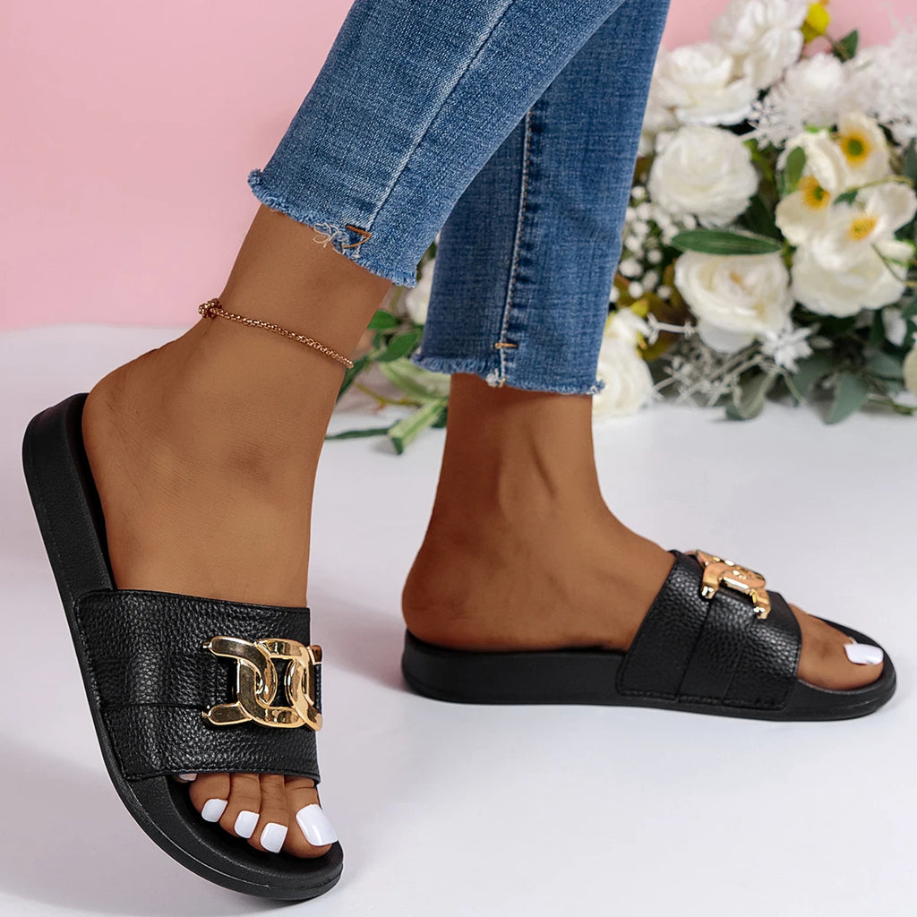 Golden Buckle  Round-Toed Slides