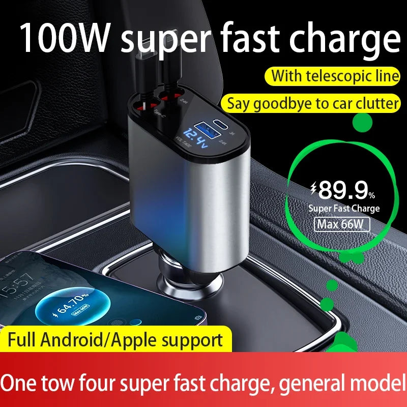 Retractable Car Charger, 4 in 1 Fast Car Phone Charger
