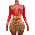 Luxury Black Gold Rhinestone Fringe Bodysuit