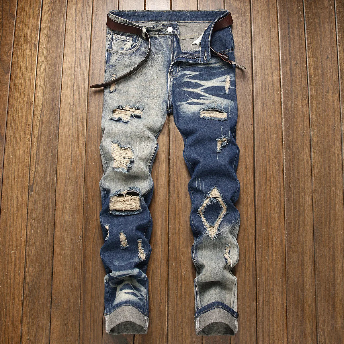 New Retro Jeans Men's Ripped Straight Leg Pants