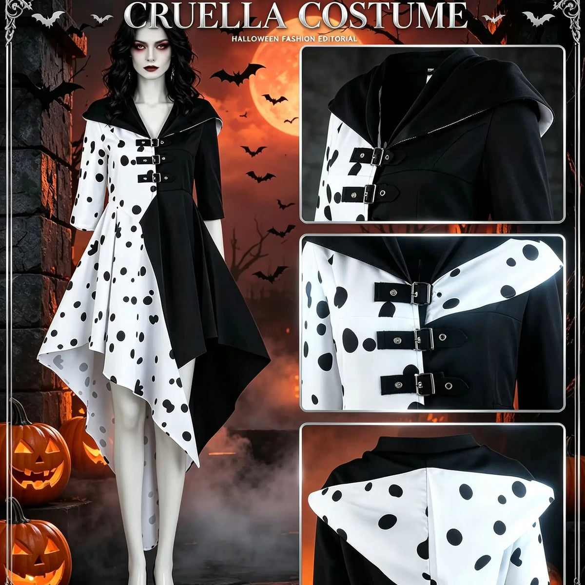 cruella de Ville, women's black and white spotted dog costume