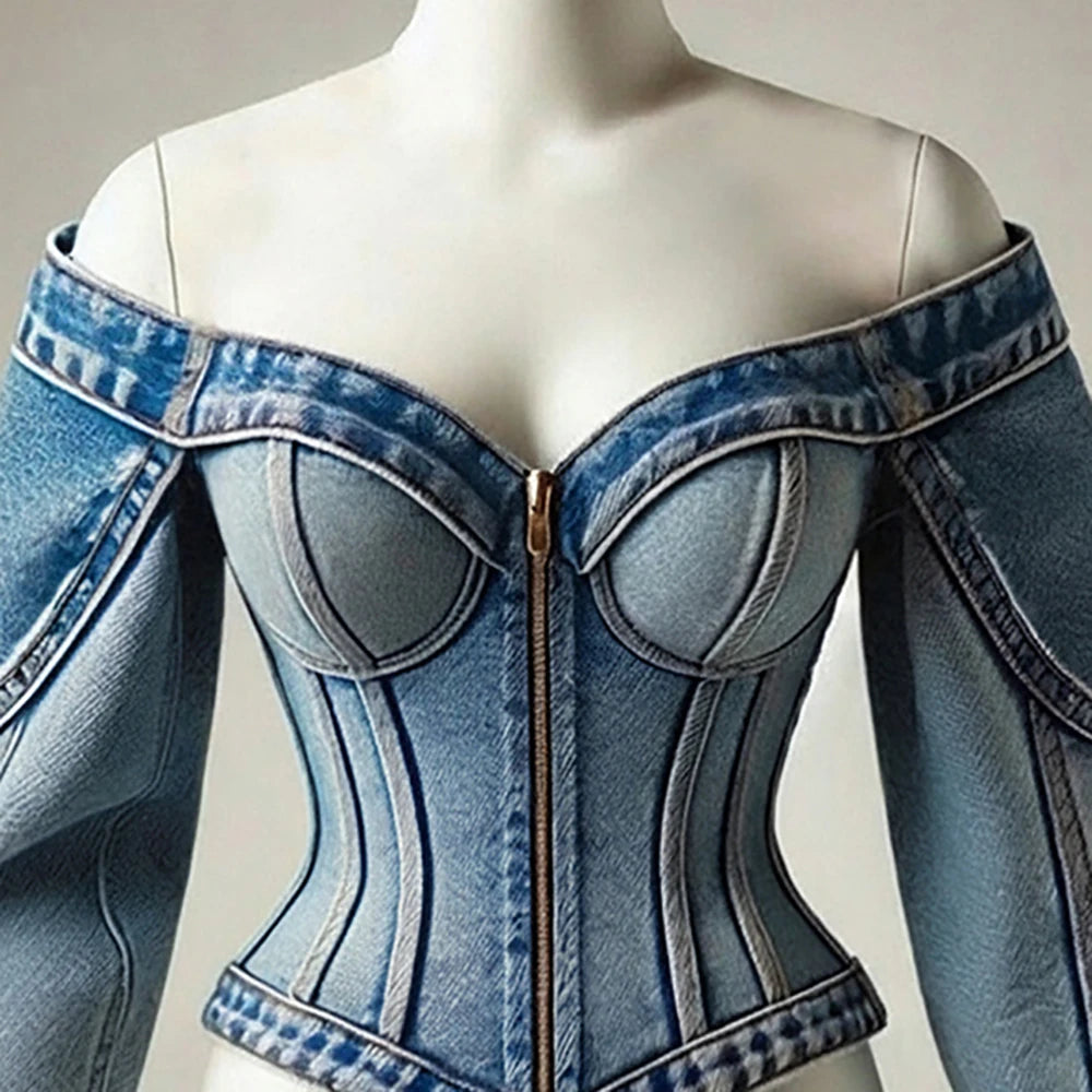 Vintage Washed Corset Top Slim Fit Long Sleeves