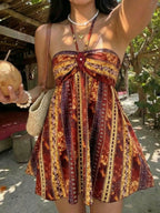 Bohemian Retro Paisley Print Sequin Rhombus Halter Mini Dress