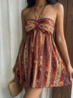 Bohemian Retro Paisley Print Sequin Rhombus Halter Mini Dress