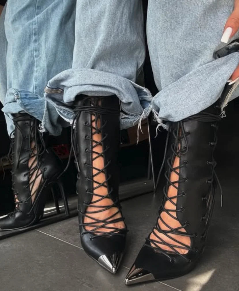 Black leather hollow out high heels