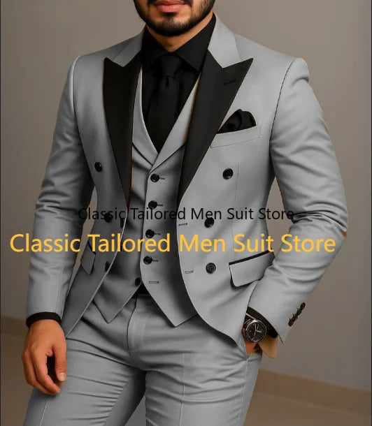 Black Lapel Beige Double Breasted Suit