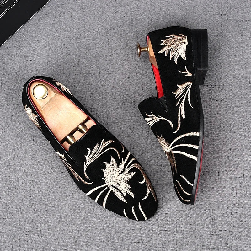 Men Suede Leather Designer Embroidery Loafers