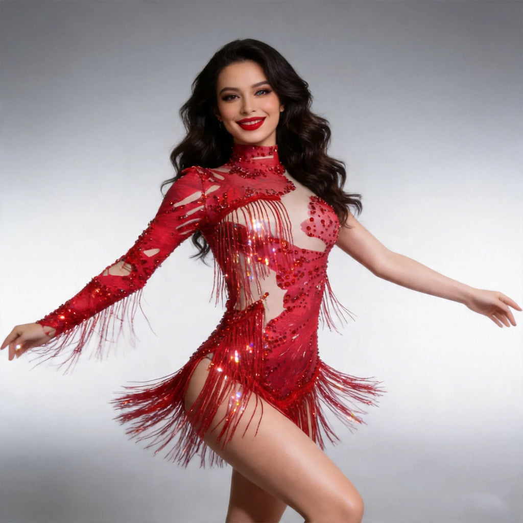 Rhinestone Gold Silver Sequin Tassels Bodysuit