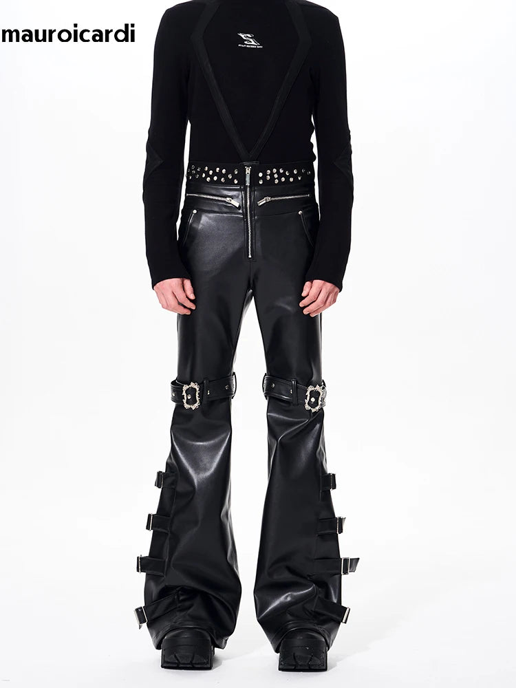 Mauroicardi Long Black Pu Leather Flare Pants
