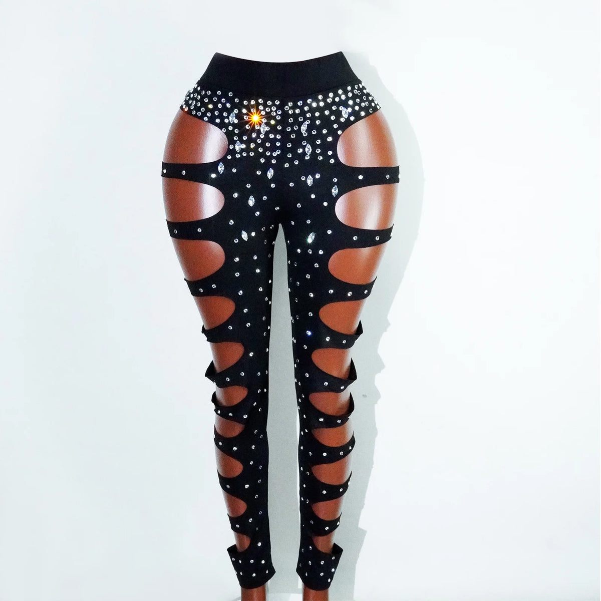 Rhinest Hollow Out Black Women Bodysuit Pants