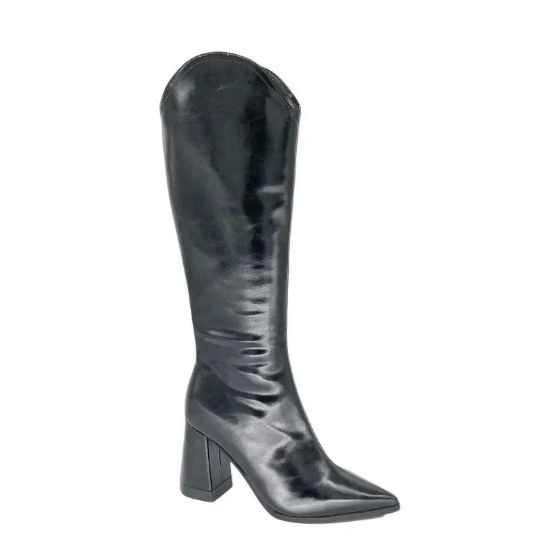 PU Leather Long Boots V-port Pointed Toe Knee High Boots