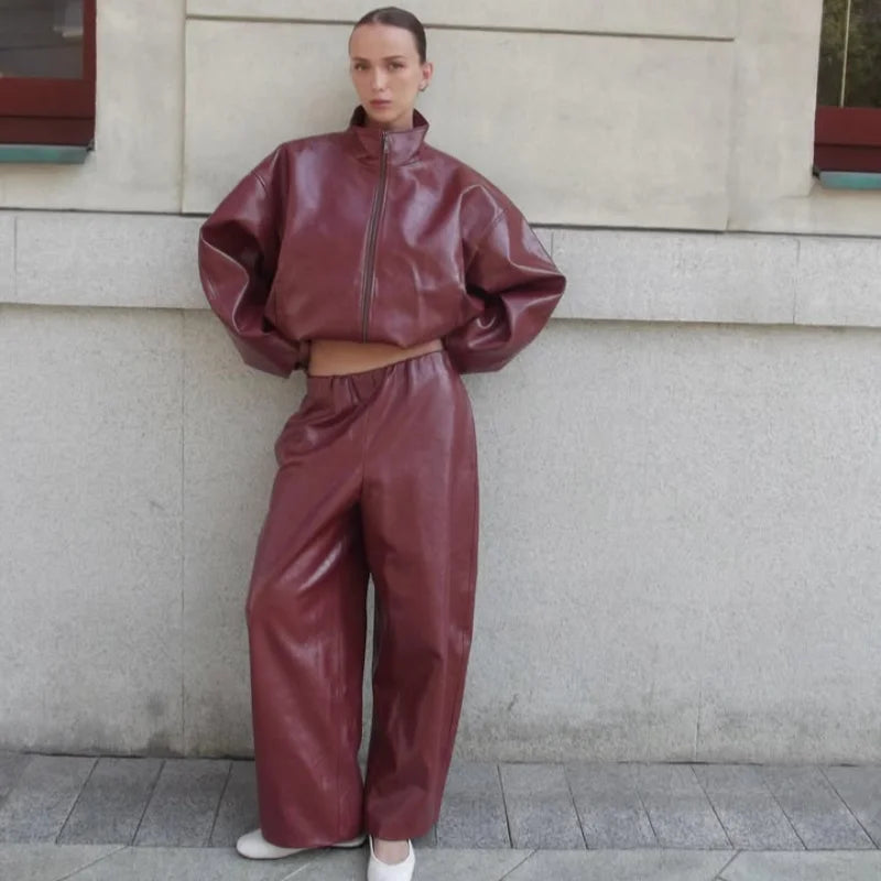 Vintage Biker Leather Jacket Skirts Suit