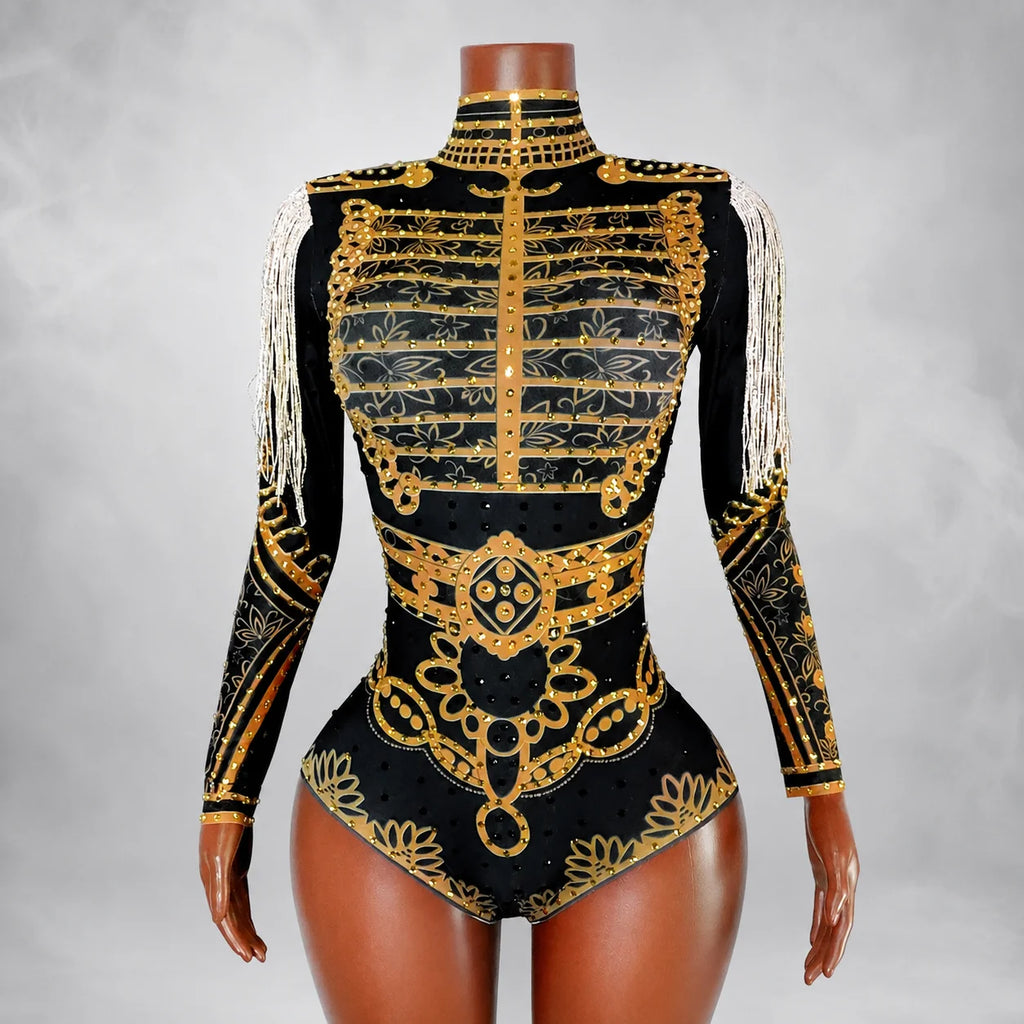 Luxury Black Gold Rhinestone Fringe Bodysuit