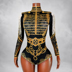 Luxury Black Gold Rhinestone Fringe Bodysuit