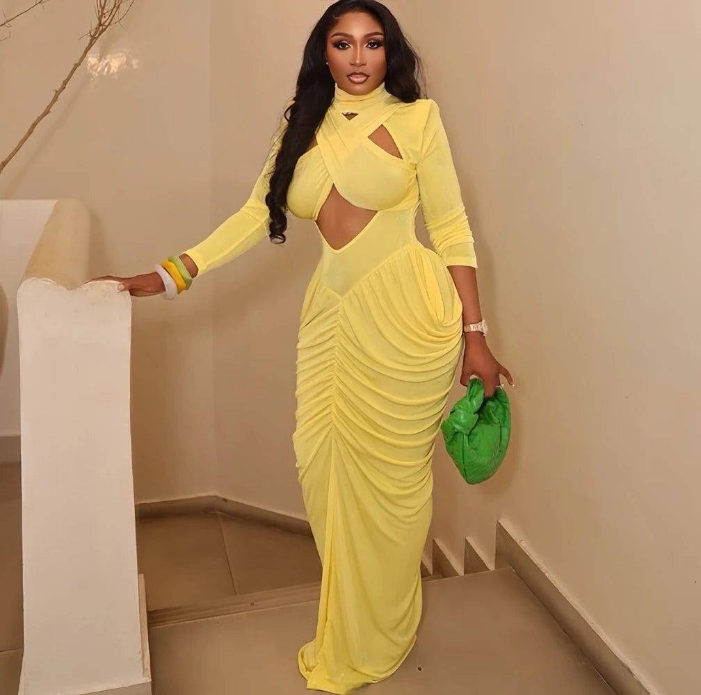 Women's High Neck Solid Full Sleeve Hollow Out Ruched Maxi Dress