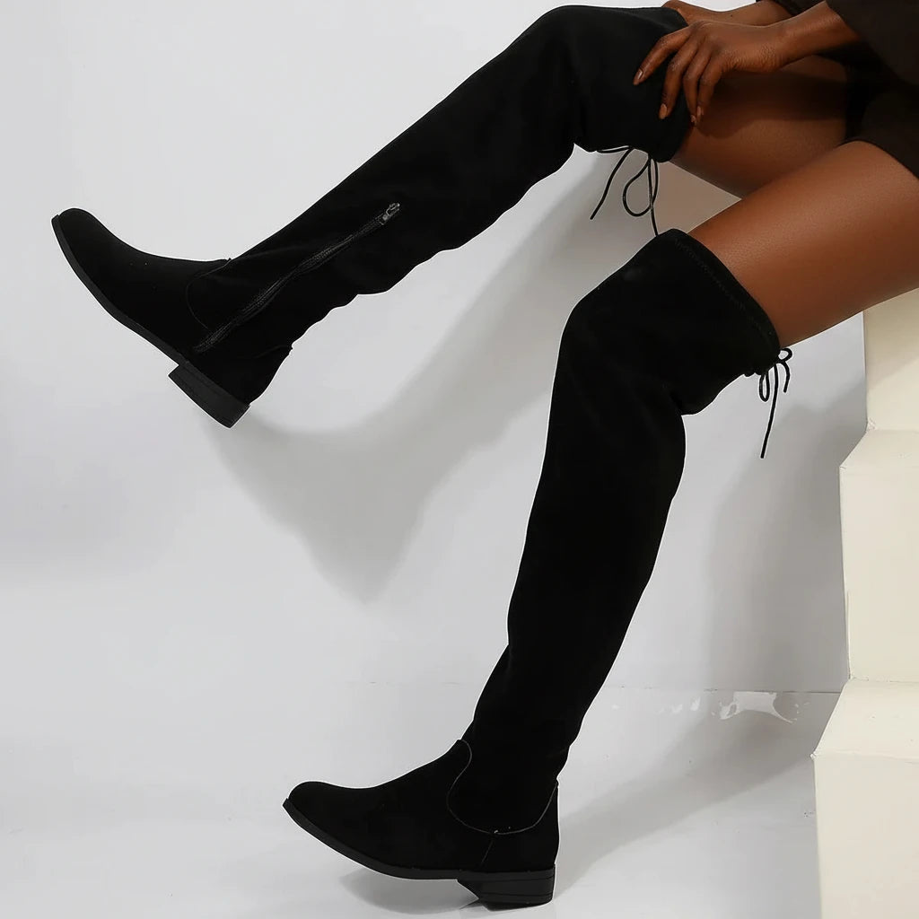 Faux Suede Zipper Elastic Knee-high Boots