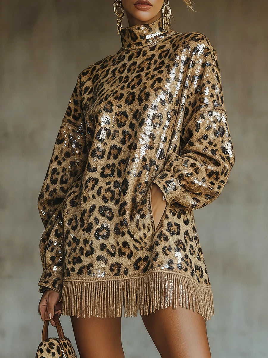 Sequin Leopard Print Tassel Mini Dress