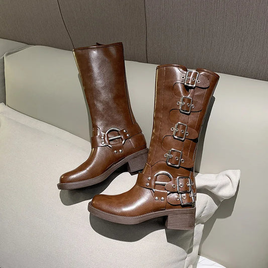 Vintage Tall Brown Belt Buckle Boots