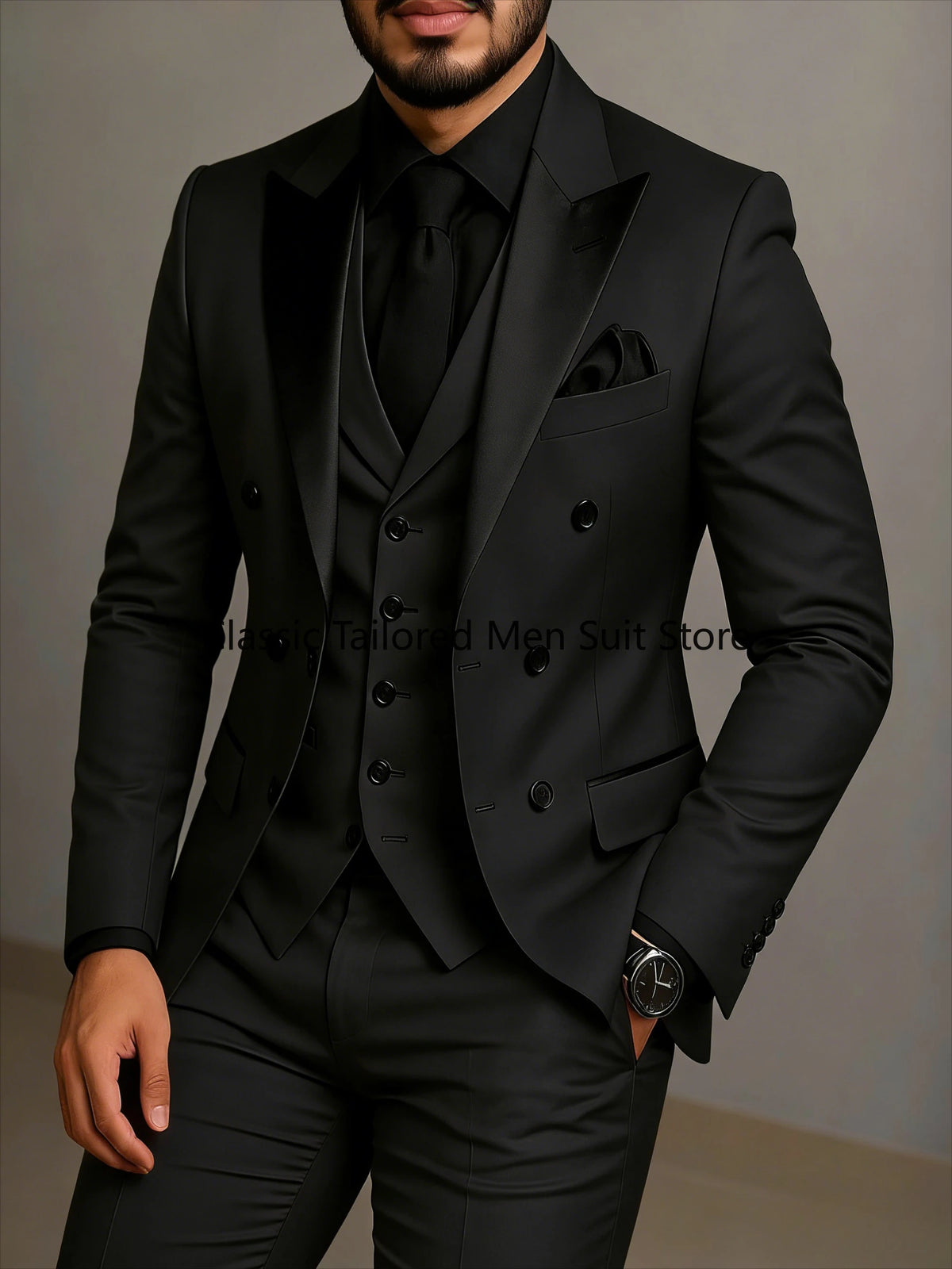 Black Lapel Beige Double Breasted Suit