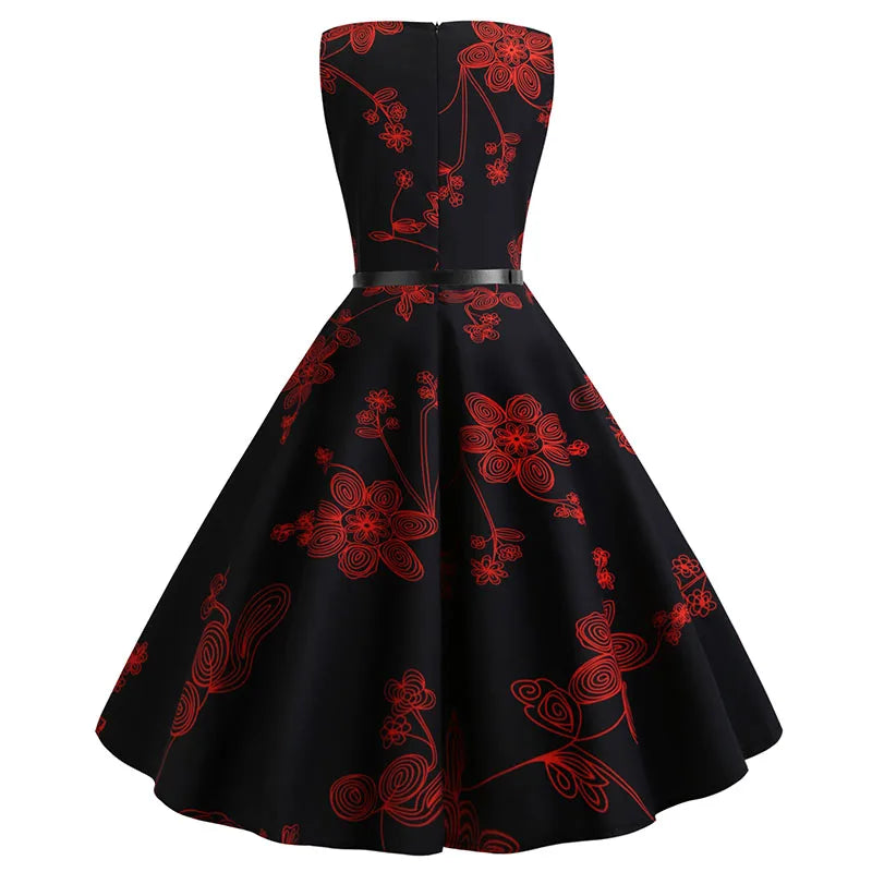 Summer Women Dresses Casual Floral Printed Sleeveless High Waist Retro Vintage Party Dress With Belt