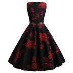 Summer Women Dresses Casual Floral Printed Sleeveless High Waist Retro Vintage Party Dress With Belt