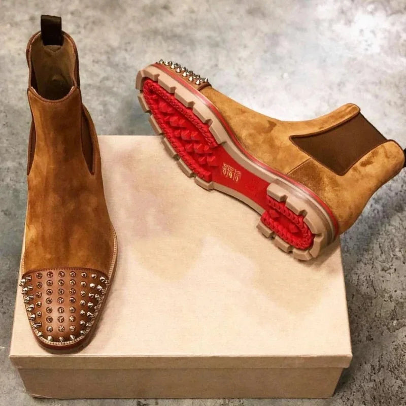 Chelsea Boots Flock Rivet Square Toe Red Sole