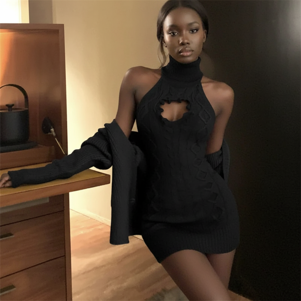 Turtleneck Pencil Mini Dress&Long Sleeve Cardigan Coat 2pc Suits