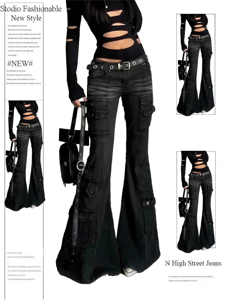 Gothic Grunge Low Waisted Cargo Flare Denim Pants