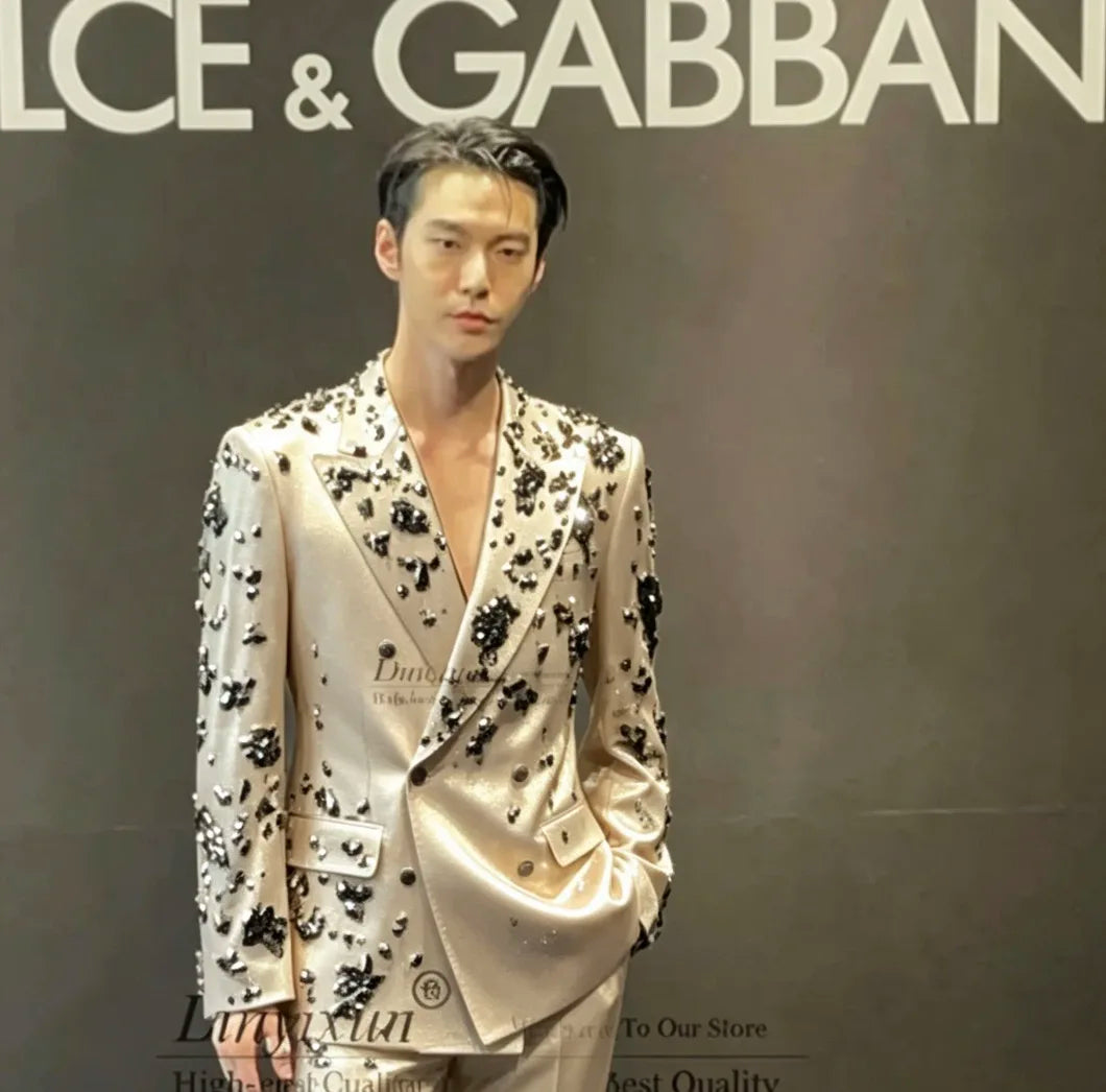 Luxury Beaded Crystals Groom Wedding Tuxedos Customized Men Suits