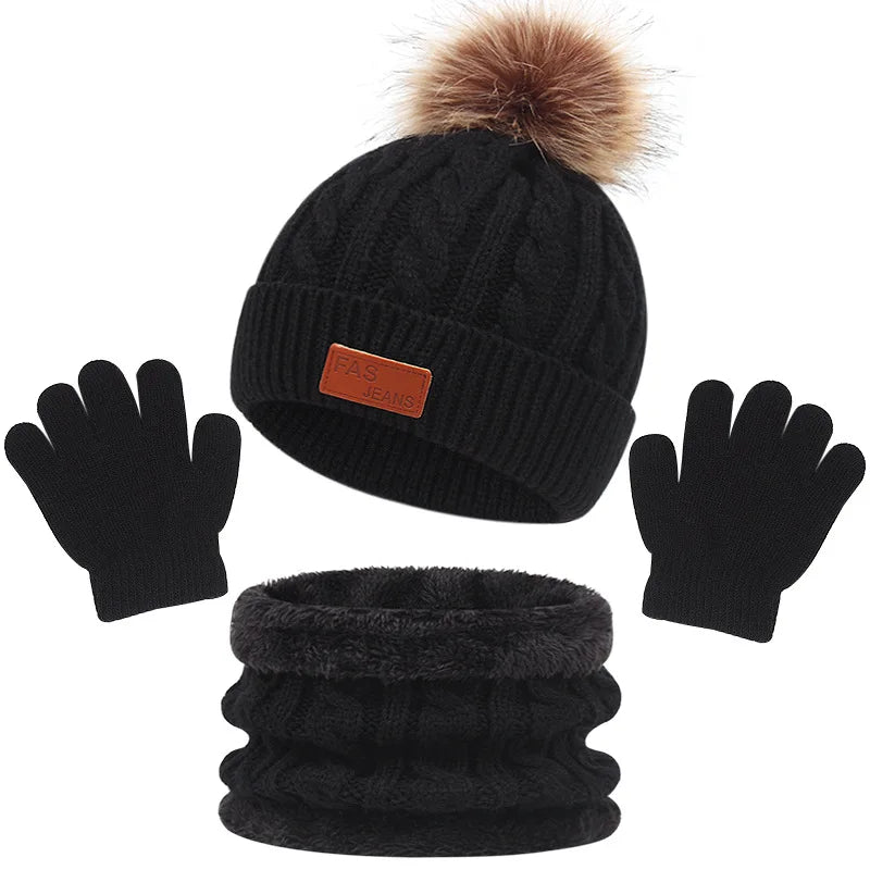 3Pcs Winter Baby beanie hat and scarfs with gloves