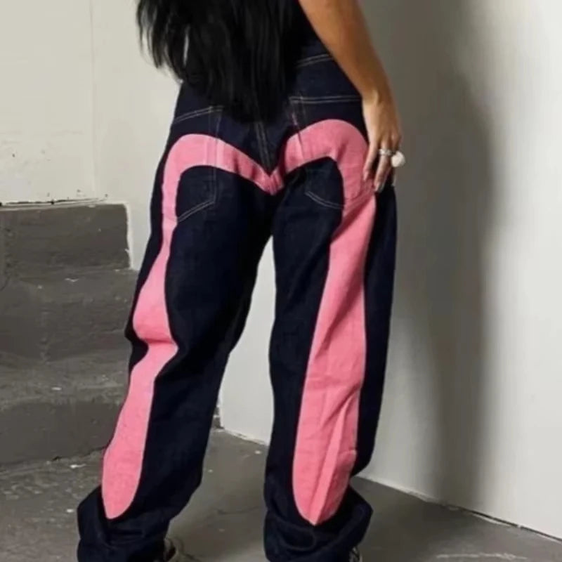 Punk Vintage Print Wide Leg Denim Jeans