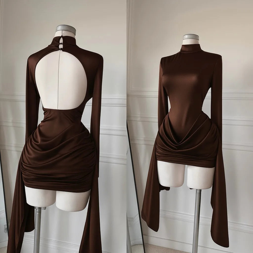 Dress Turtleneck Long Sleeve Backless Ruffled Mini Dress
