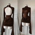 Dress Turtleneck Long Sleeve Backless Ruffled Mini Dress