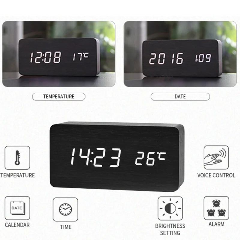 Wooden Digital Alarm Clock, LED Alarm Clock