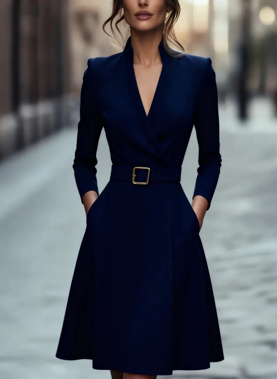 V-neck waist-cinching long-sleeved dress
