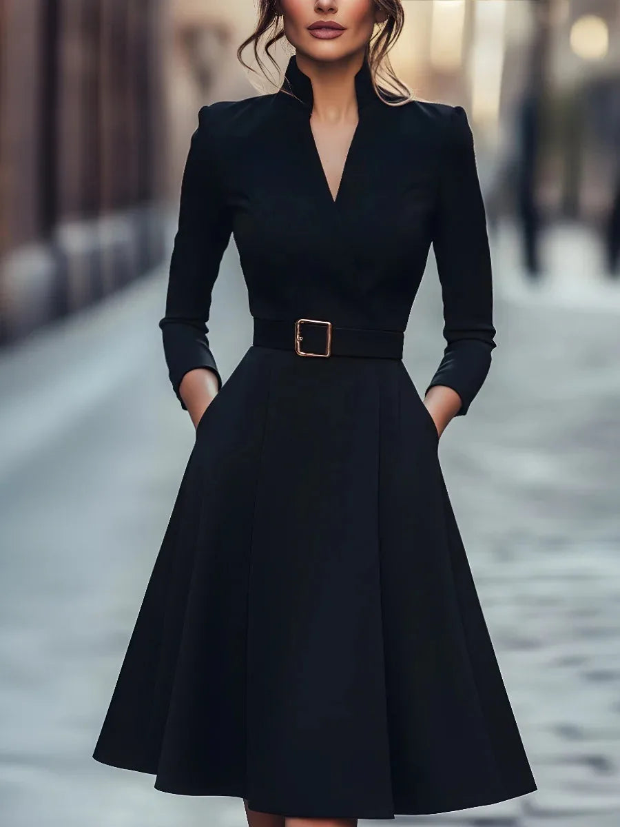 V-neck waist-cinching long-sleeved dress