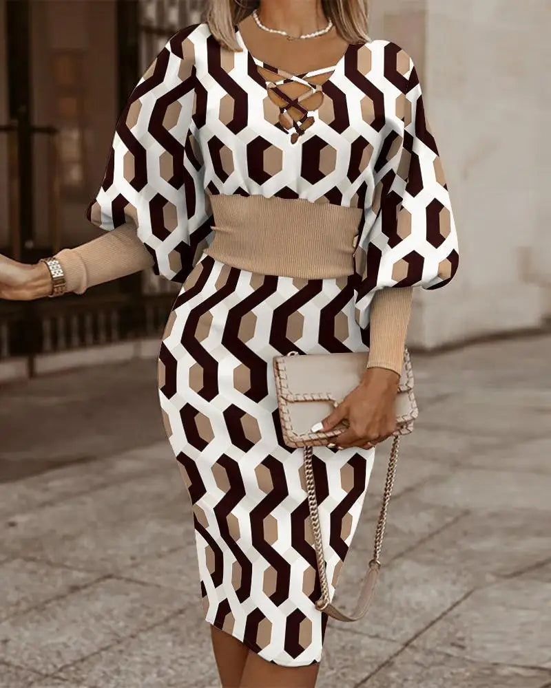 Elegant Maze Printed Long Sleeved Slim Fit Dress