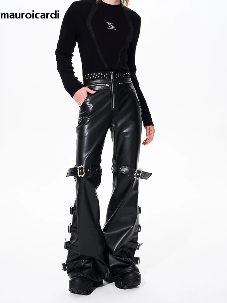Mauroicardi Long Black Pu Leather Flare Pants