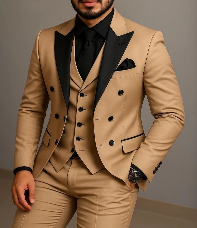 Black Lapel Beige Double Breasted Suit