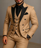 Black Lapel Beige Double Breasted Suit