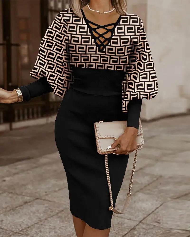 Elegant Maze Printed Long Sleeved Slim Fit Dress