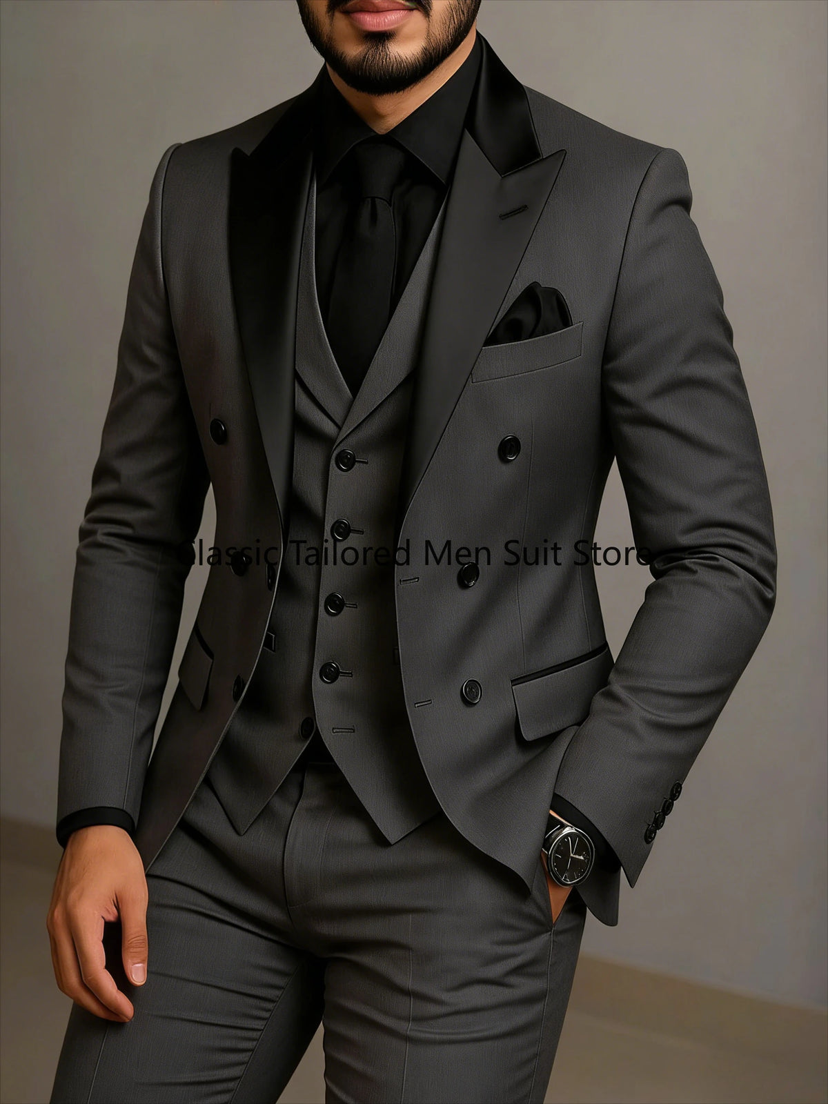 Black Lapel Beige Double Breasted Suit