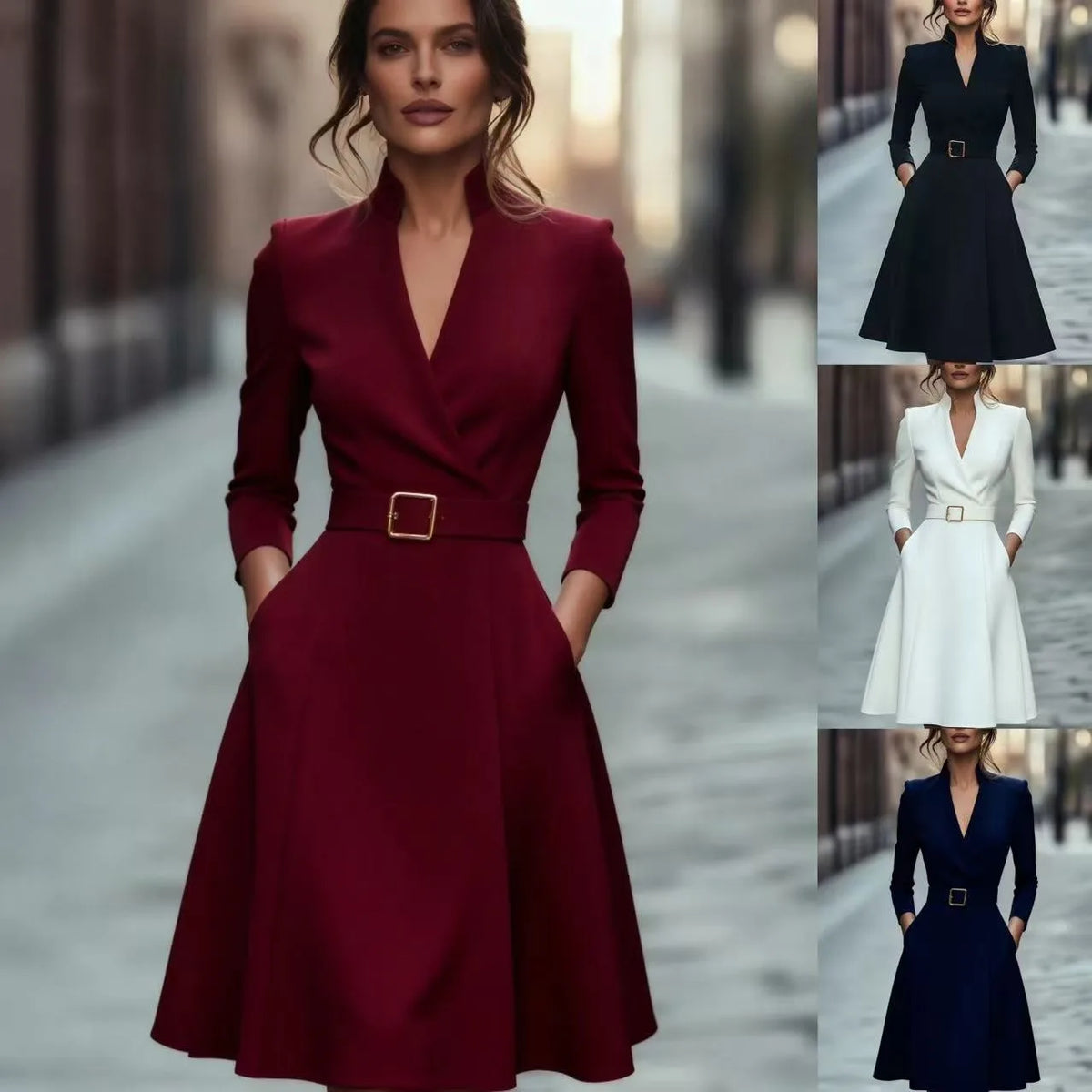 V-neck waist-cinching long-sleeved dress