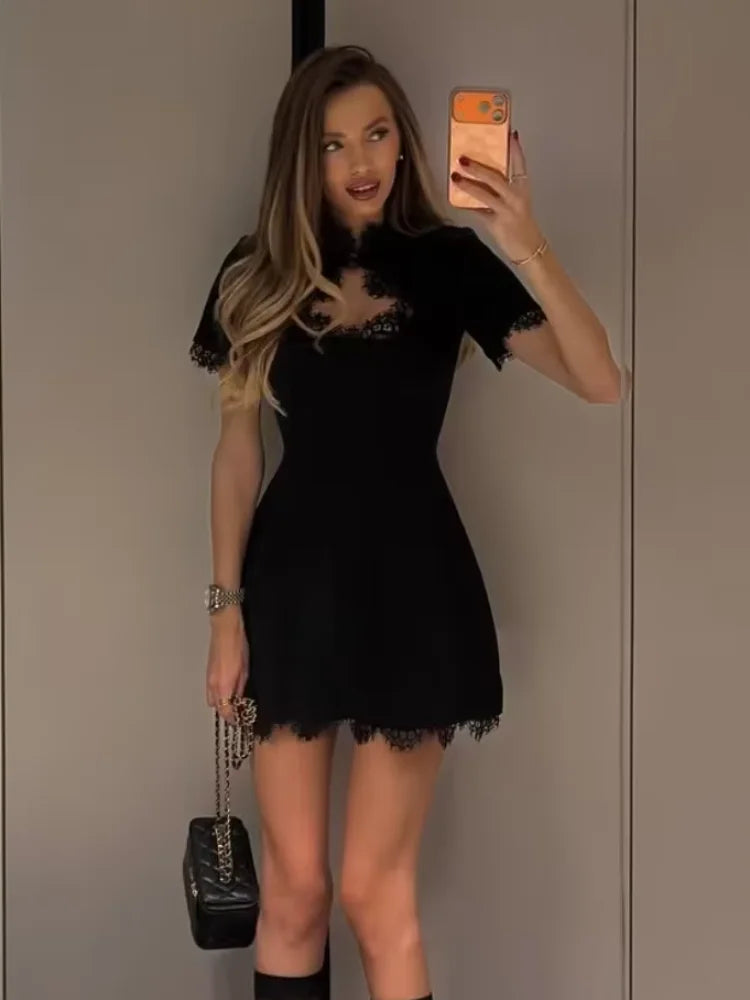 Black Lace Trim Hollow Out Mini Dress