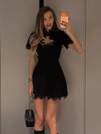 Black Lace Trim Hollow Out Mini Dress