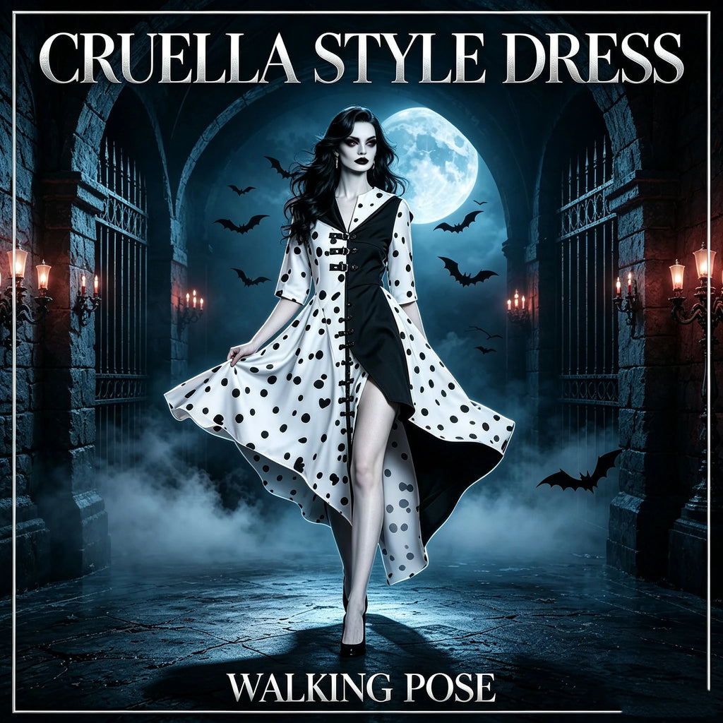 cruella de Ville, women's black and white spotted dog costume