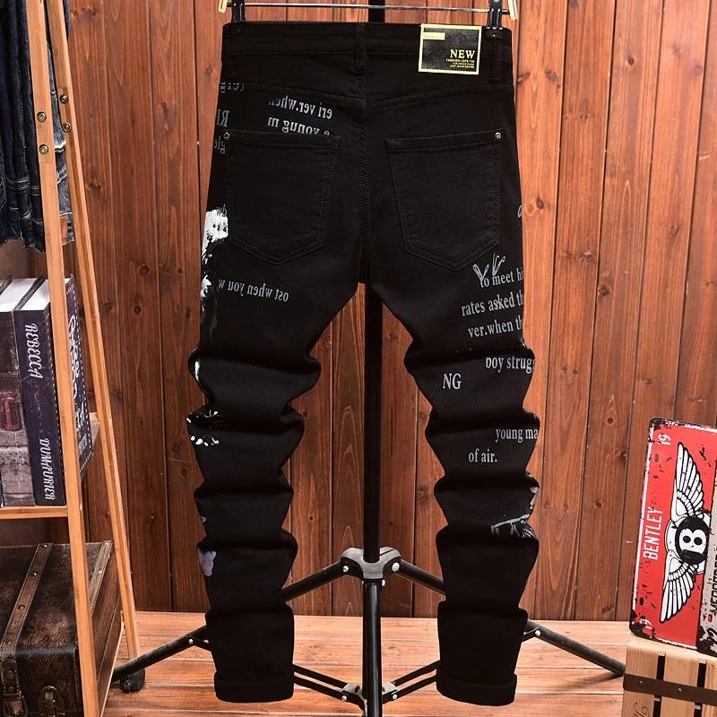 Printed Black Straight Leg Jeans