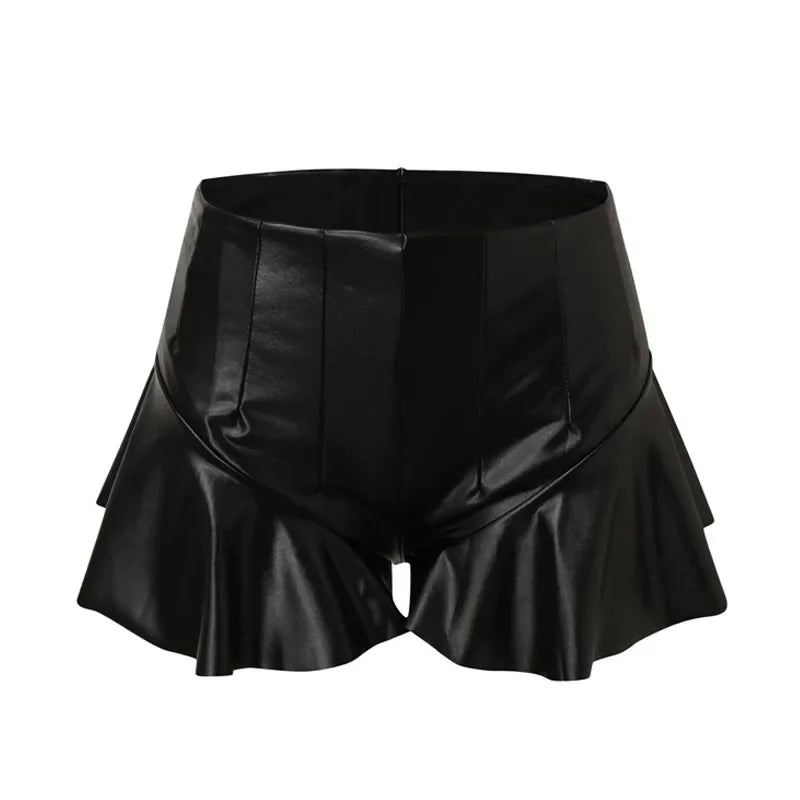 High Waist PU Leather Ruffle Trim Short