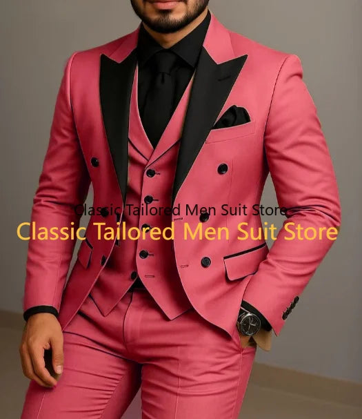 Black Lapel Beige Double Breasted Suit