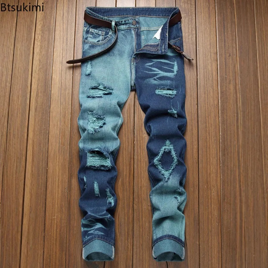 New Retro Jeans Men's Ripped Straight Leg Pants
